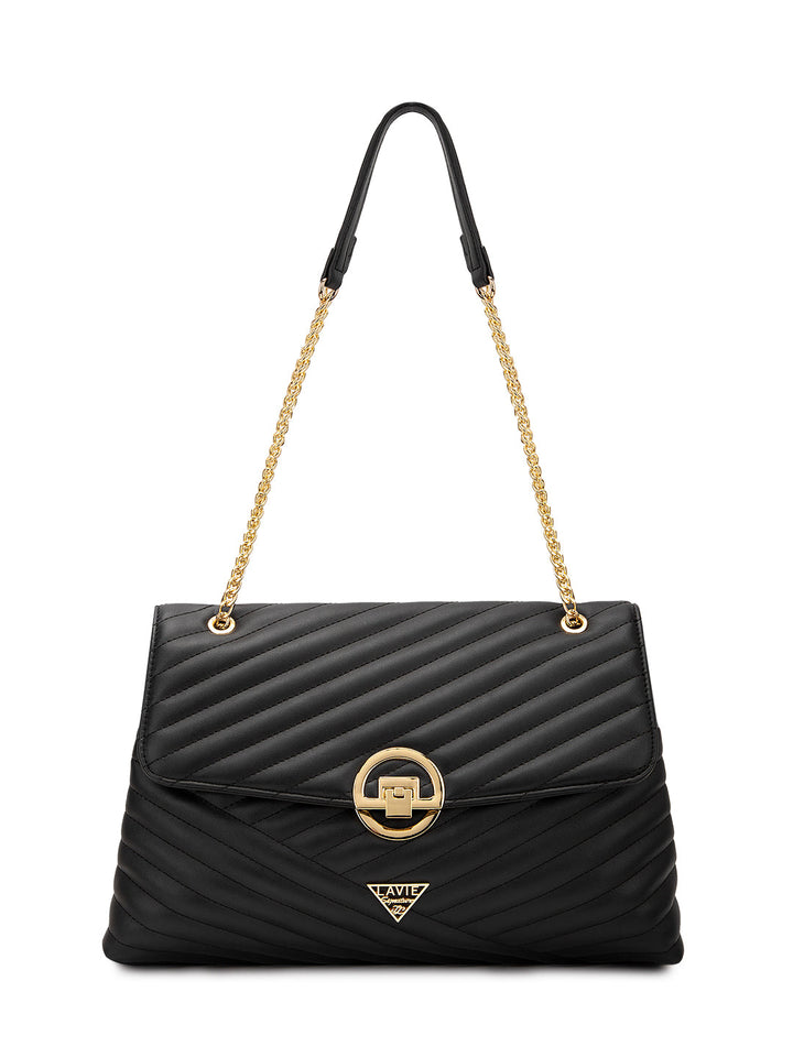 Denver Large Quilted Flap Satchel Bag — Black