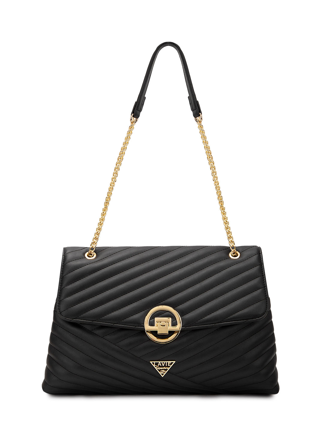 Denver Large Quilted Flap Satchel Bag — Black