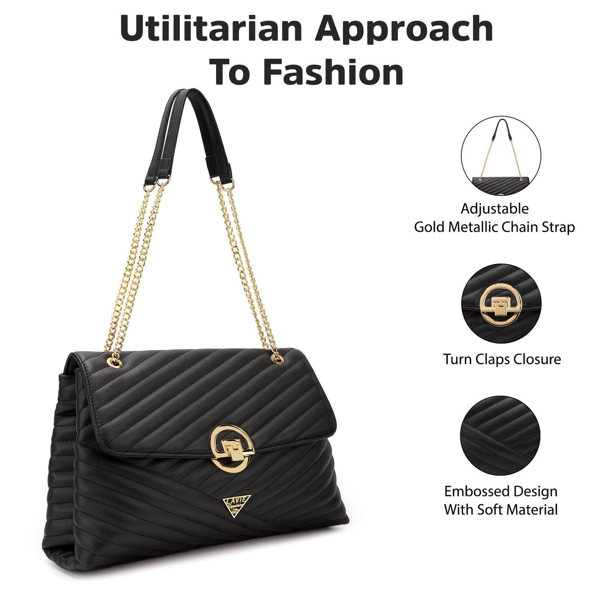 Denver Large Quilted Flap Satchel Bag — Black (3)