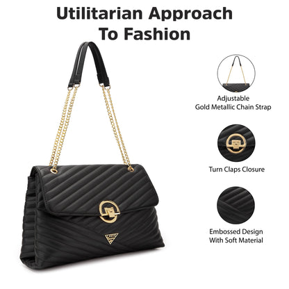 Denver Large Quilted Flap Satchel Bag — Black (3)