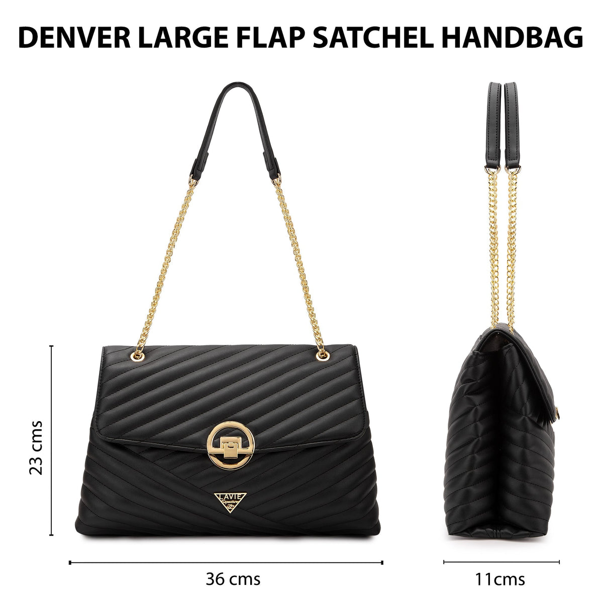 Denver Large Quilted Flap Satchel Bag — Black (4)