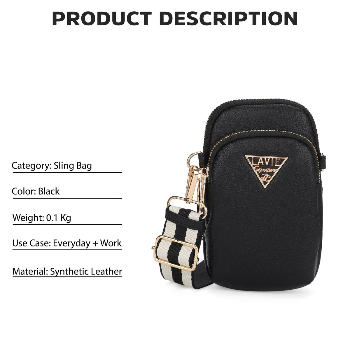 Indiana Vertical 2 Compartments Small Sling Bag — Black (5)