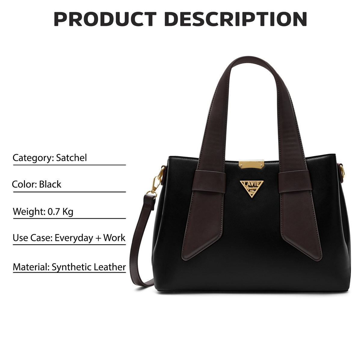 Nashville 3 Compartments Medium Satchel Bag — Black (5)