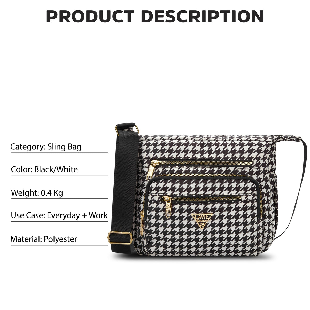 Tucson 7 Compartments Large Sling Bag — Black/White (5)