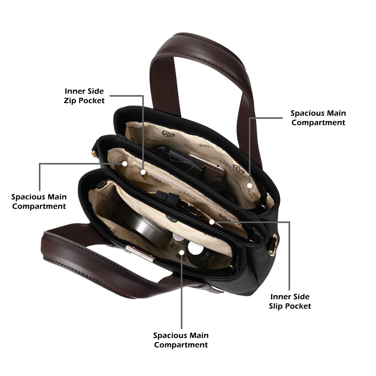 Nashville 3 Compartments Medium Satchel Bag — Black (6)