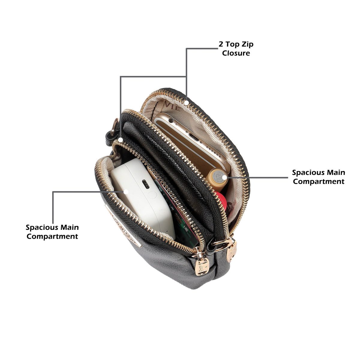 Indiana Vertical 2 Compartments Small Sling Bag — Black (6)
