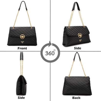 Denver Large Quilted Flap Satchel Bag — Black (7)